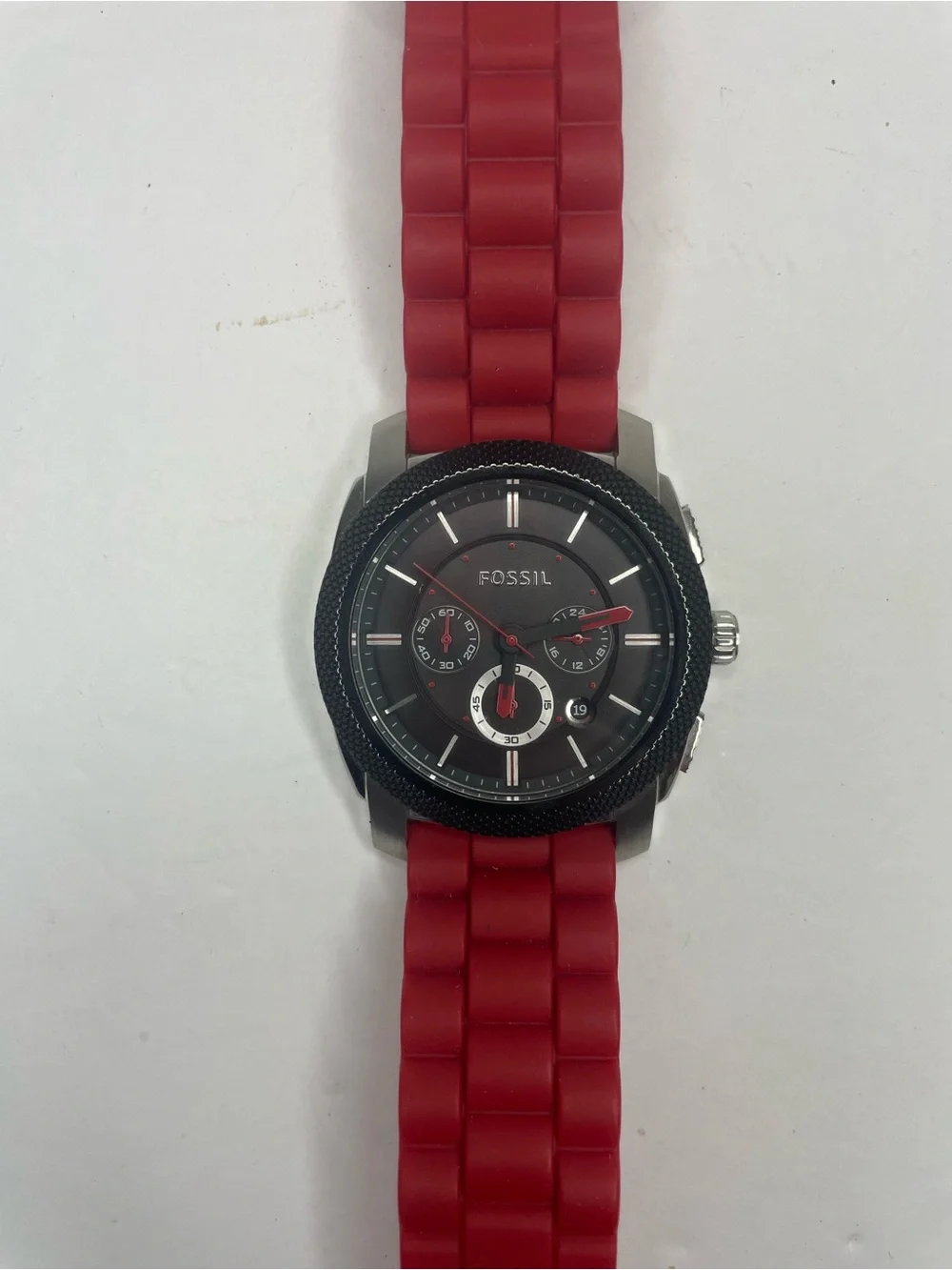 Fossil Black Dial Watch with Red Silicone Strap